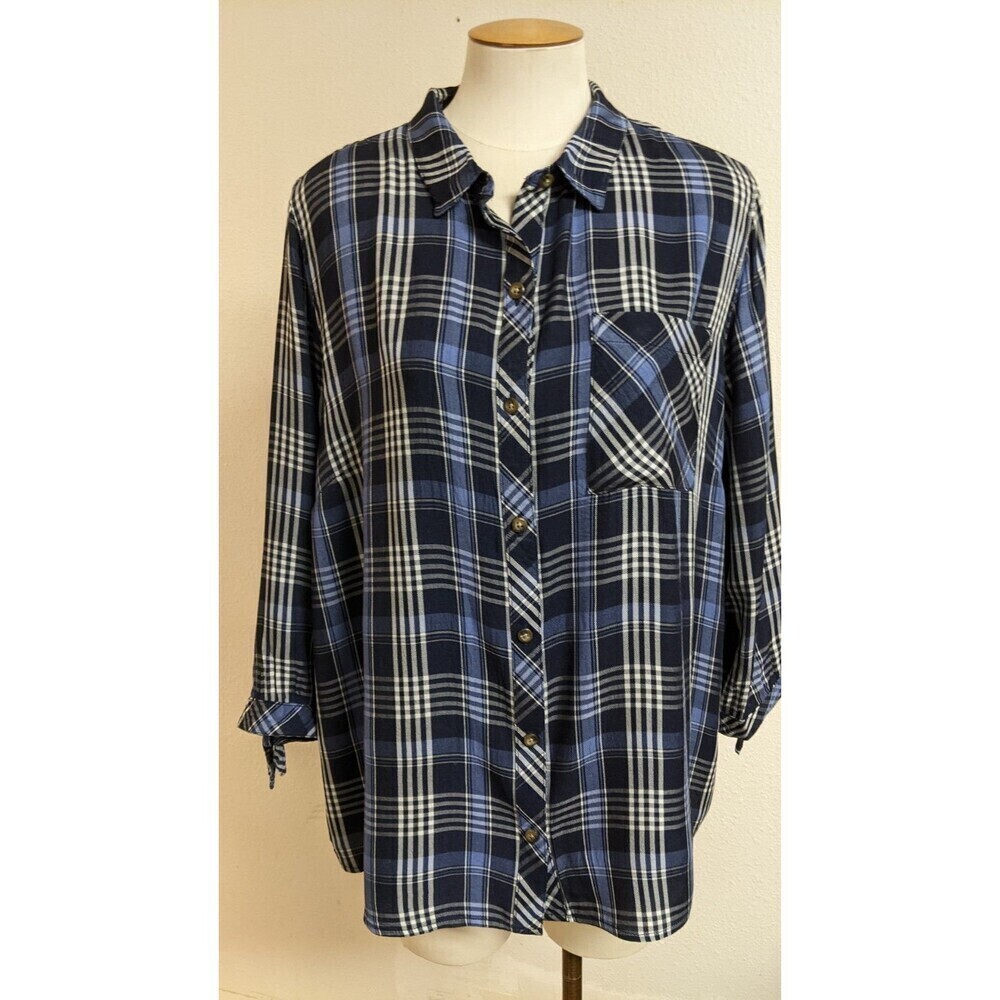 Women's J.JILL Denim Blue/White Plaid 3/4 Sleeve Viscose/Rayon Button-Up Shirt L
